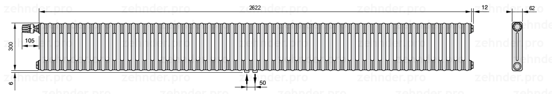 Схема (чертеж) Радиатор Zehnder Charleston 2030/57 №V007 Белый глянцевый RAL 9016